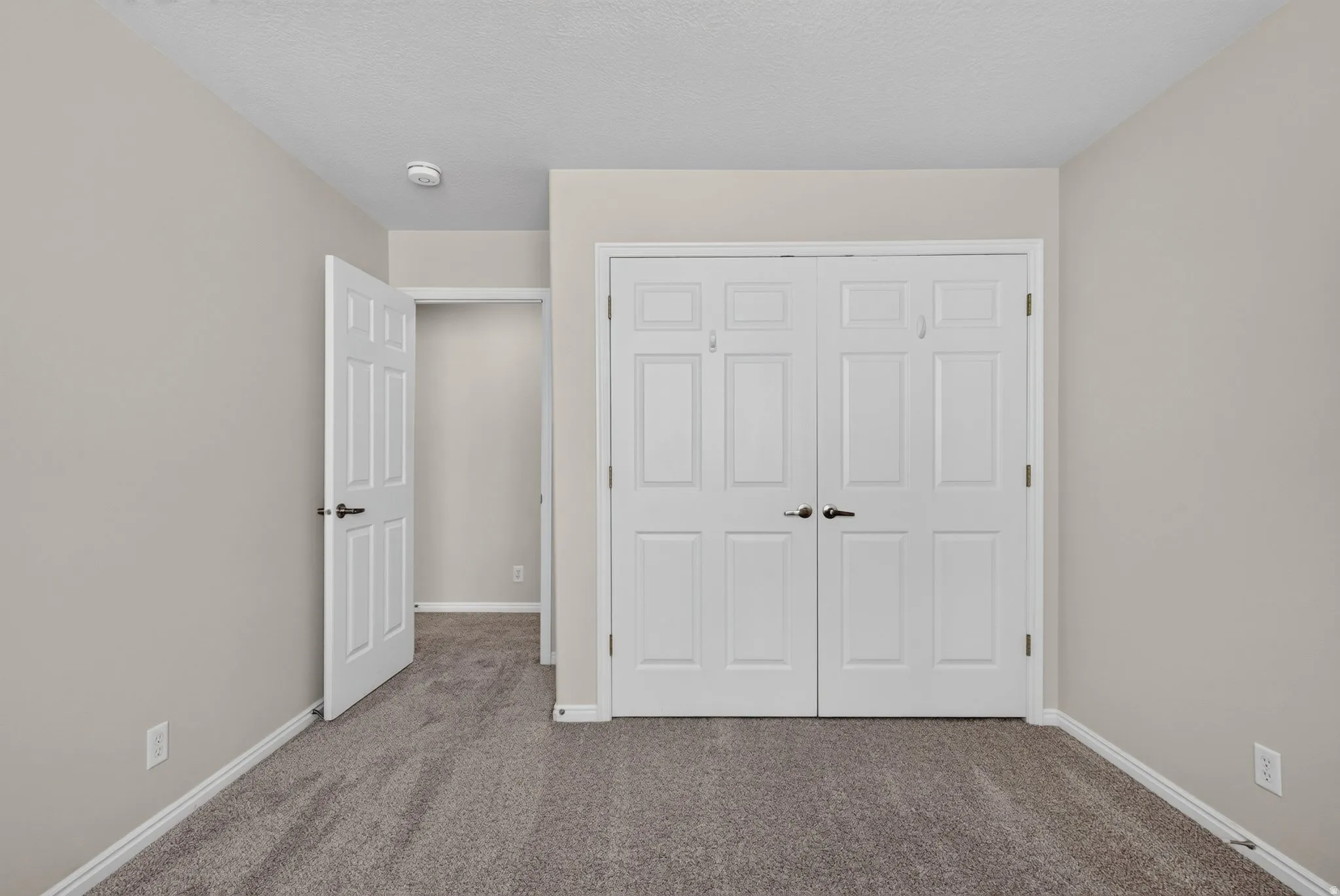 Neutral-toned wall finish, textured ceiling, panel doors, and gray carpeting