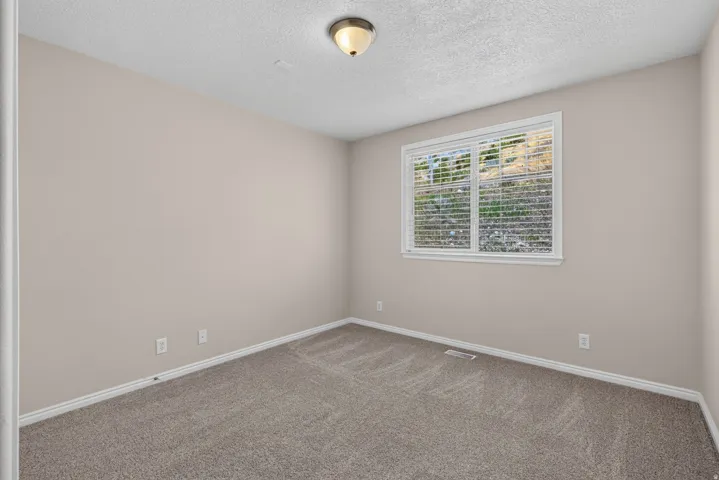 Neutral tone walls with textured carpeting, a single window with blinds, and a flush mount ceiling light fixture