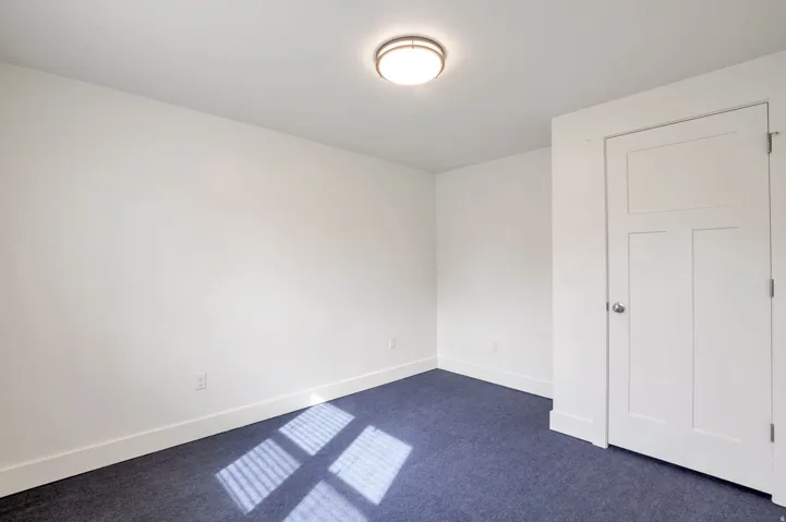 White walls, blue carpeting, and a flush-mount ceiling light