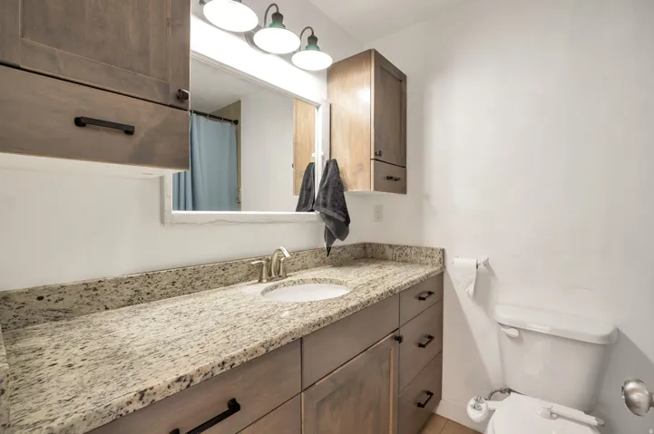 Granite countertop with an undermount sink, brushed nickel faucet, and wood-finish cabinetry
