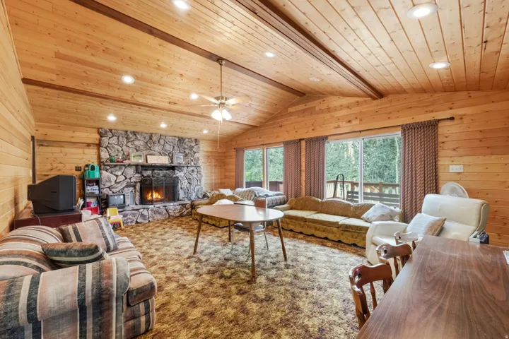 Vaulted wood-paneled ceiling with recessed lighting, stone-clad fireplace, and sliding glass doors