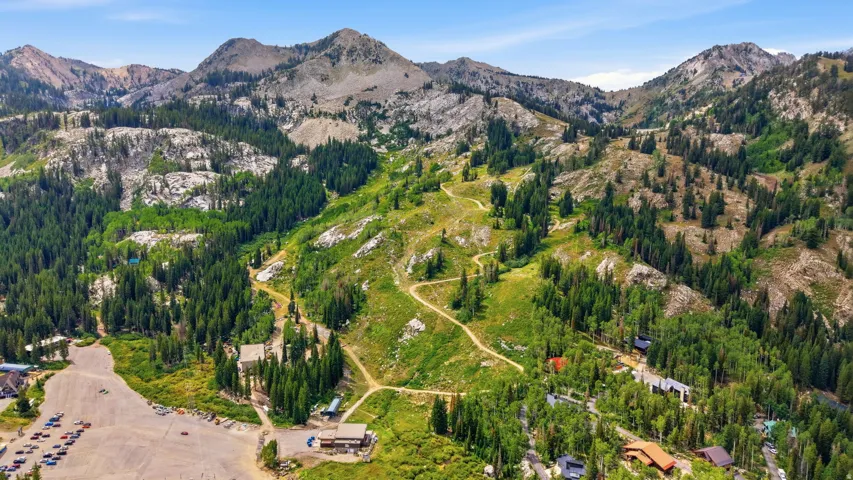 Mountainous terrain with extensive tree coverage and visible structures
