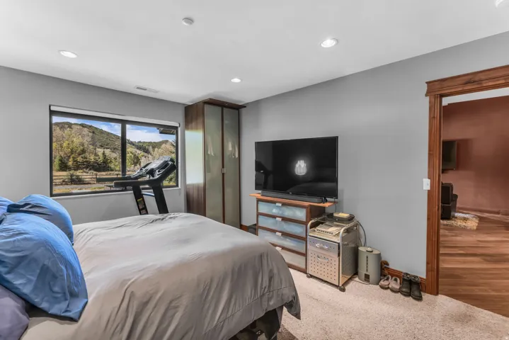 Wall-to-wall carpeting with recessed lighting, a large window, and a built-in wardrobe with translucent panels
