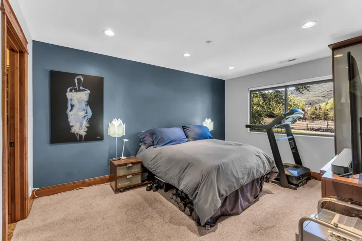 Recessed lighting, wood-finish door frame, carpeted flooring, and a large window offering exterior scenery
