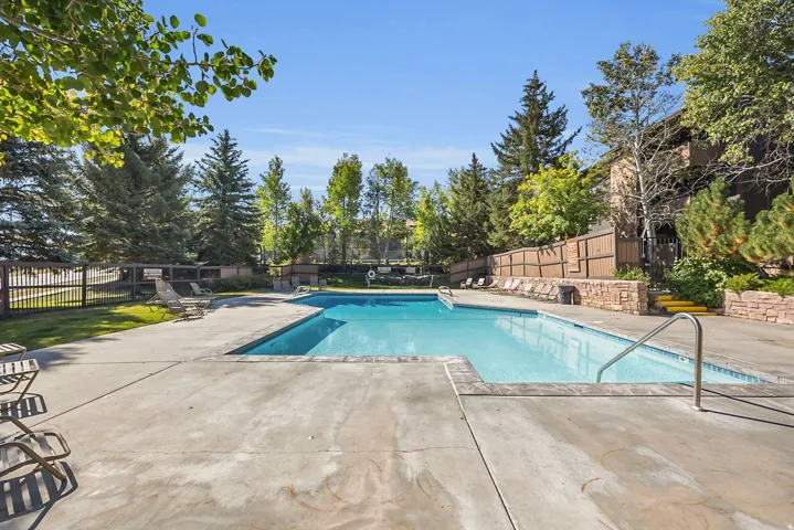 Rectangular swimming pool with integrated steps, surrounded by concrete decking