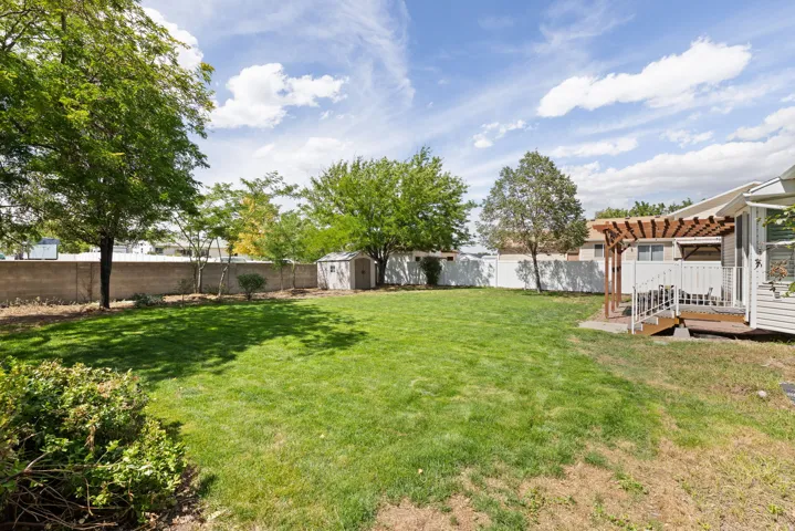 Expansive lawn with mature trees and a privacy fence