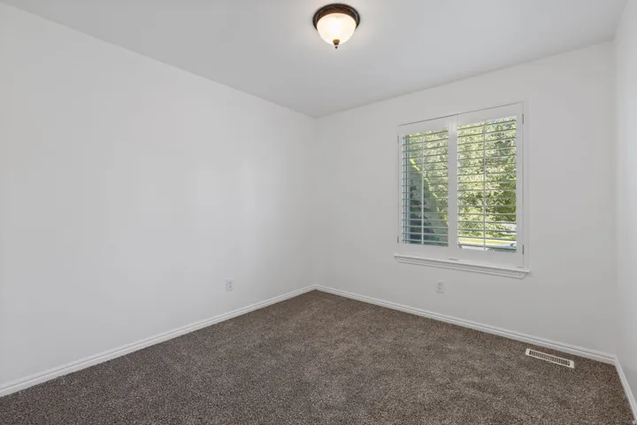 Neutral wall paint, textured carpeting, window with plantation shutters, ceiling-mounted light fixture