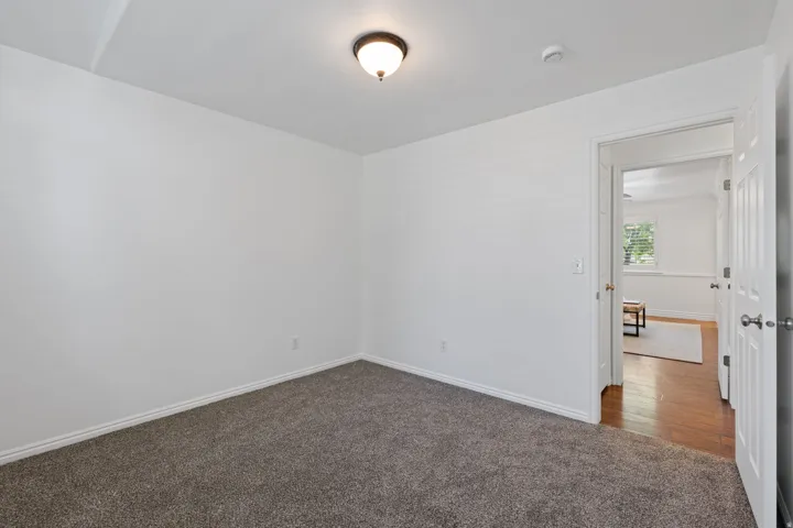 Neutral wall color, wall-to-wall carpeting, overhead lighting, and white trim