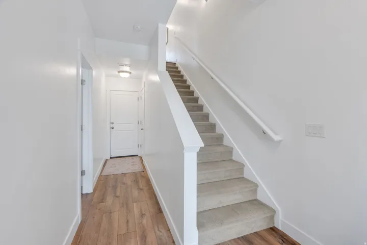 Wood-finish flooring, white paneled door, flush mount ceiling light, and carpeted staircase with white handrail