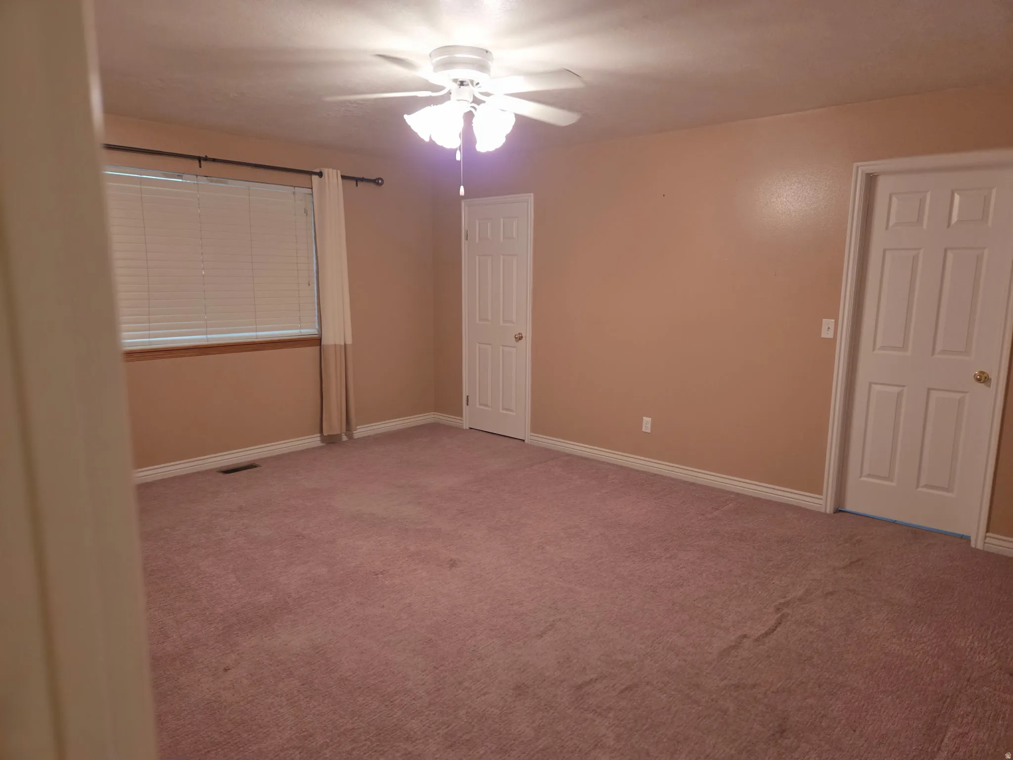 Ceiling fan with light fixture, window with blinds, two paneled doors, and wall-to-wall carpeting