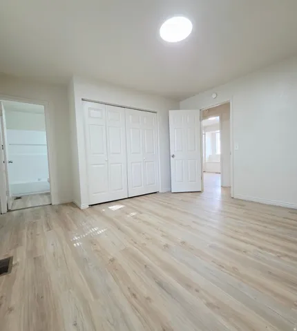 Recessed ceiling lighting, durable wood-finish flooring, white paneled doors, and a full built-in closet