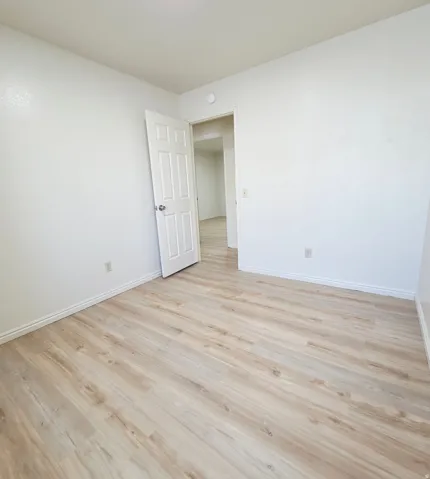 Wood-finish plank flooring, white painted walls, and white trim