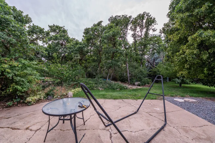 Concrete patio featuring a gravel border and surrounding mature trees