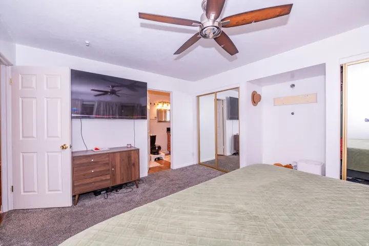 Ceiling fan with wood-finish blades, soft carpet flooring, built-in mirrored closet doors, and recessed wall niche