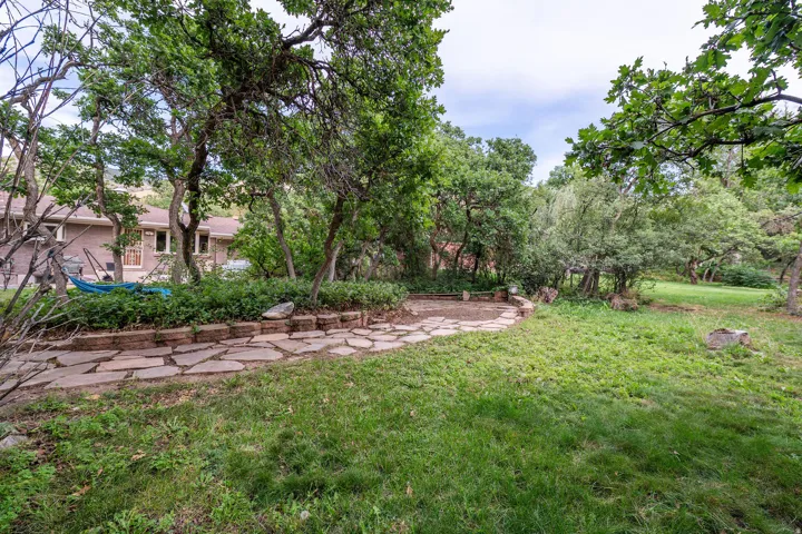 Expansive grassy yard with mature trees and a flagstone patio