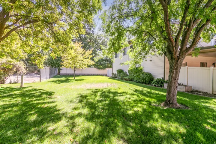 Expansive grassy yard with mature trees providing natural shade
