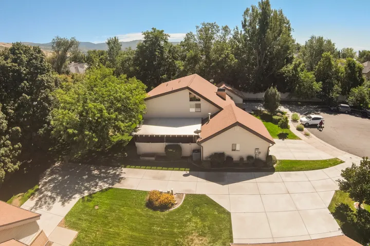 Expansive paved driveway, mature trees, manicured lawns, and distant mountain scenery