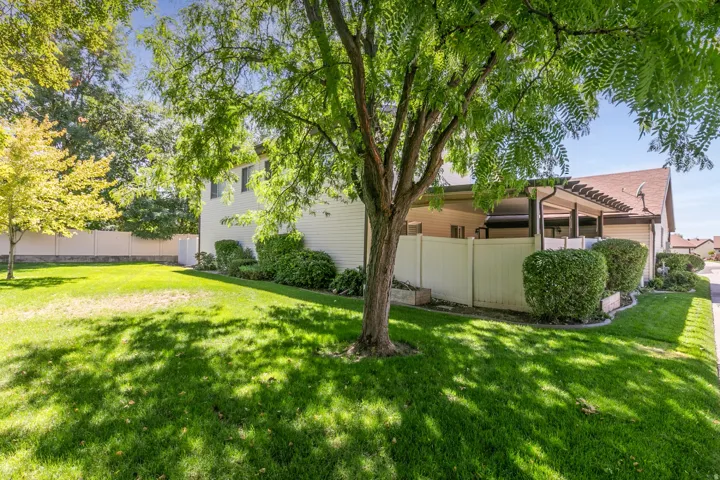Expansive grassy area with mature trees, shrubbery, and a privacy fence