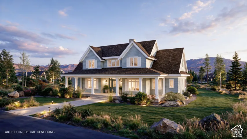 Traditional residence featuring horizontal siding, a covered front porch with columns, multi-gable rooflines, shuttered windows, and a mountain backdrop