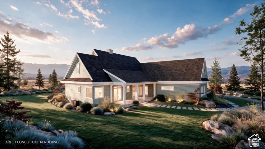 Craftsman-style residence featuring horizontal lap siding, a pitched roofline with gable dormers, and a covered porch supported by structural columns, set amidst professional landscaping and stone hardscaping