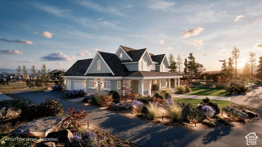 Multi-gabled exterior featuring horizontal siding, a covered front porch with columns, a multi-car garage, and professional landscaping