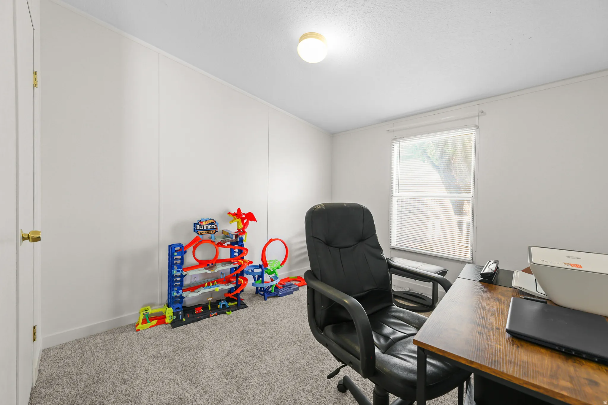 Carpeted room featuring a single window and an overhead light fixture