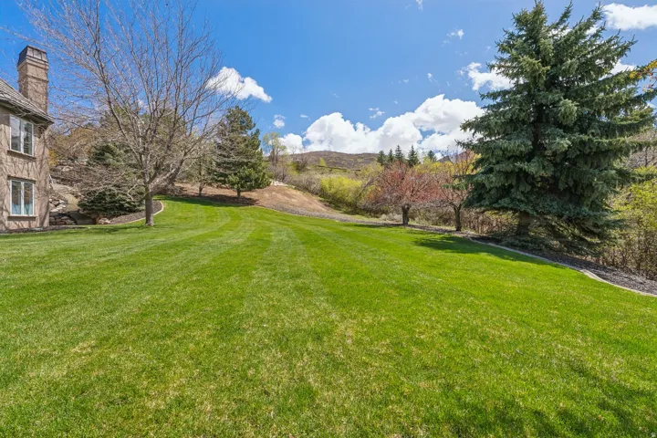 Expansive green lawn with mature trees and a stone-clad exterior