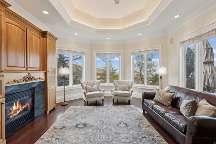 Recessed lighting, crown molding, wood-finish flooring, fireplace with stone surround, and built-in cabinetry