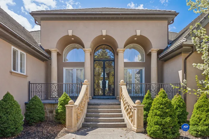 Ornate wrought-iron entry door with arched transom, framed by stone columns and an arched portico