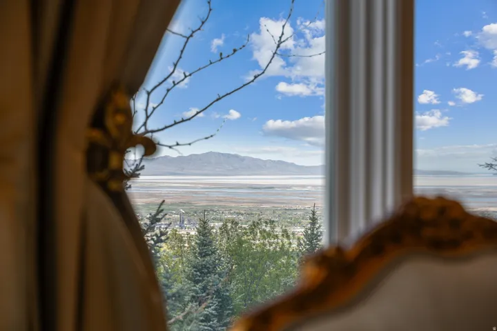 Expansive landscape featuring mountains, a large body of water, and evergreen trees