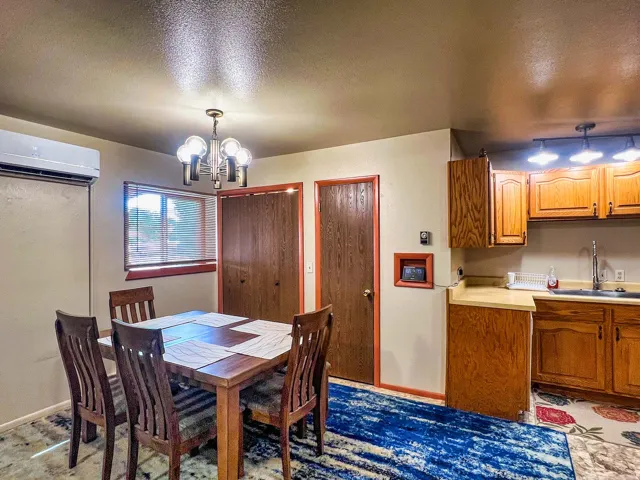 Kitchen area featuring wood-finish cabinetry, a single basin sink, and pendant lighting
