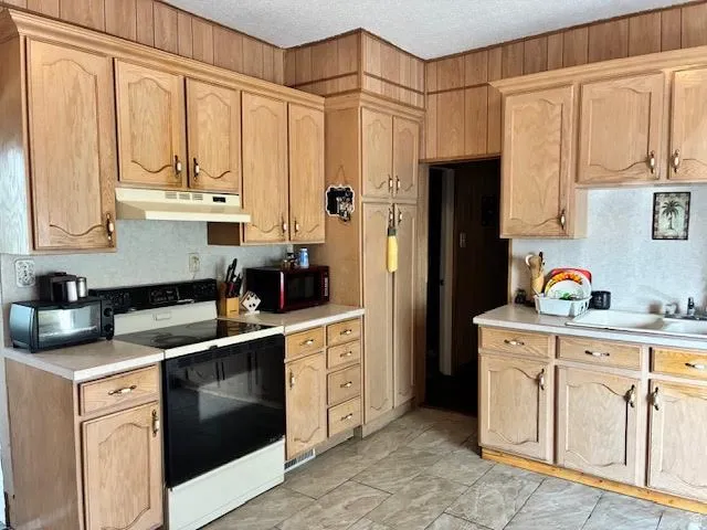 Light wood-finish cabinetry with decorative molding, white countertops, built-in electric range, and integrated sink