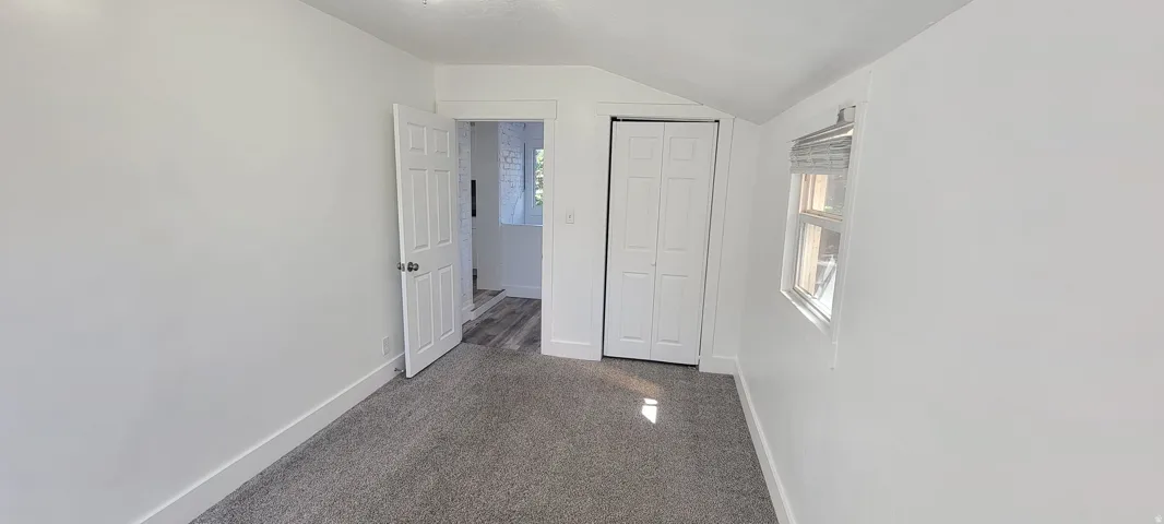 Neutral wall color, carpet flooring, a window, and a bi-fold closet