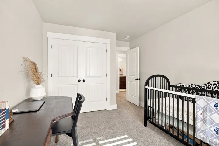 Neutral wall color, wall-to-wall carpeting, and double-door closet with black hardware