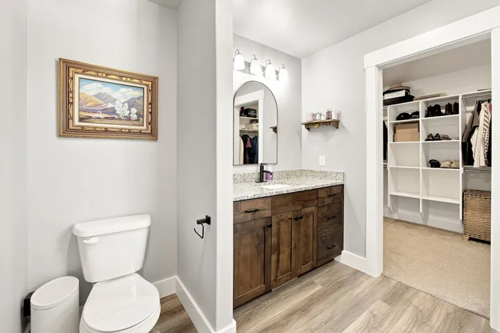 Wood-finish flooring, full vanity with granite-style countertop, and an arched mirror