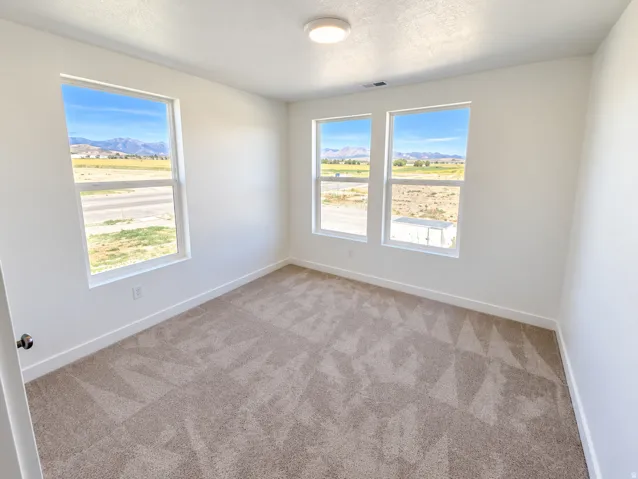Recessed ceiling light fixture, three windows, carpeted flooring, and white baseboards