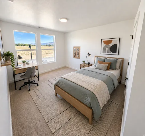Recessed lighting, light neutral-toned carpeting, and two large windows