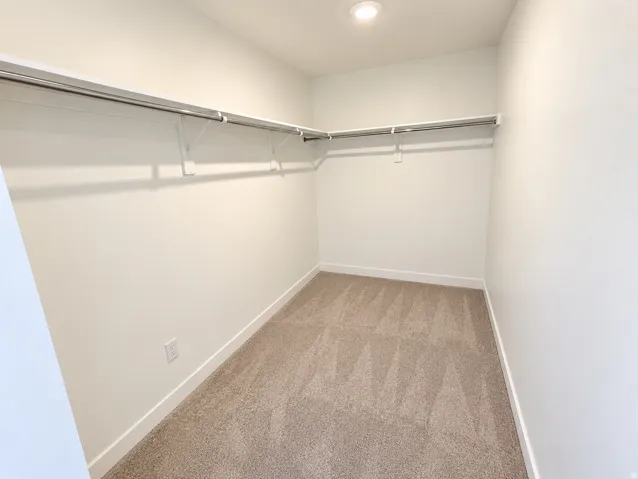 Recessed lighting, light-colored walls, built-in shelving, built-in clothing rod, and carpet flooring