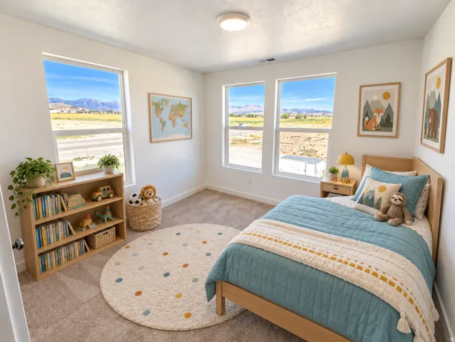 Bright room featuring multiple windows, carpeted flooring, and a flush-mount ceiling light