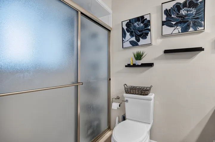 Frosted glass shower enclosure with brushed nickel framing, white toilet, and neutral wall paint