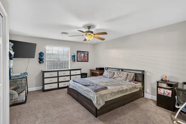 Wall-to-wall carpeting with a ceiling fan and overhead lighting