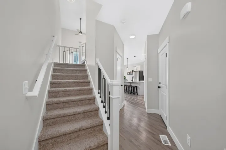 Carpeted staircase with white and black metal railings, leading to an upper level with an overhead ceiling fan