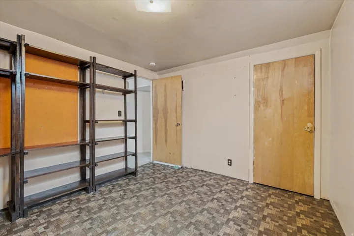 Built-in shelving units, patterned flooring, and two interior doors