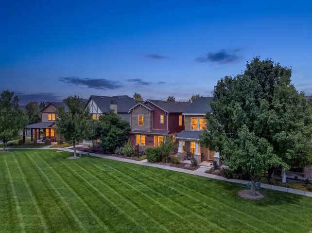 Manicured green space with striped lawn