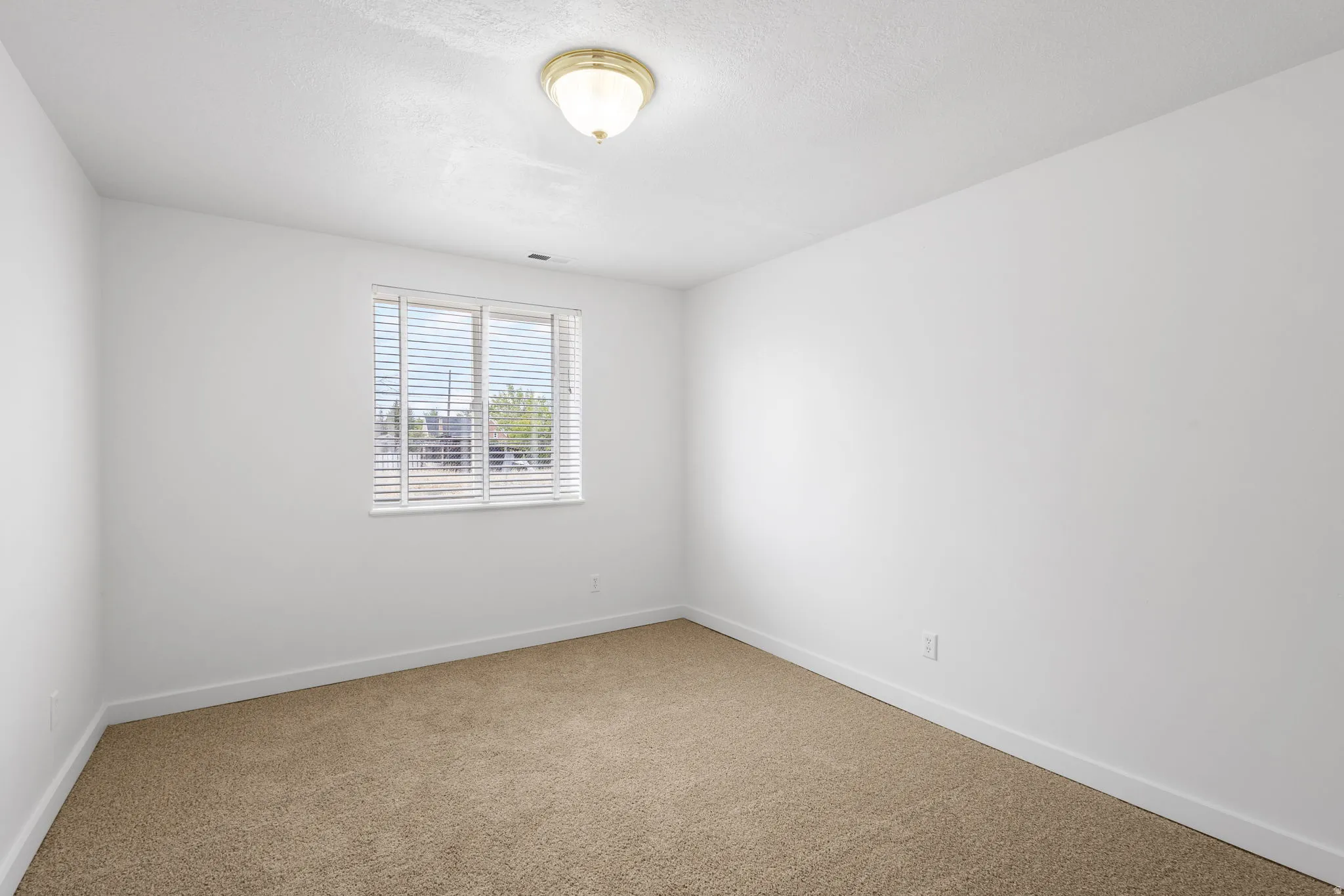 Neutral wall finishes and carpeted flooring