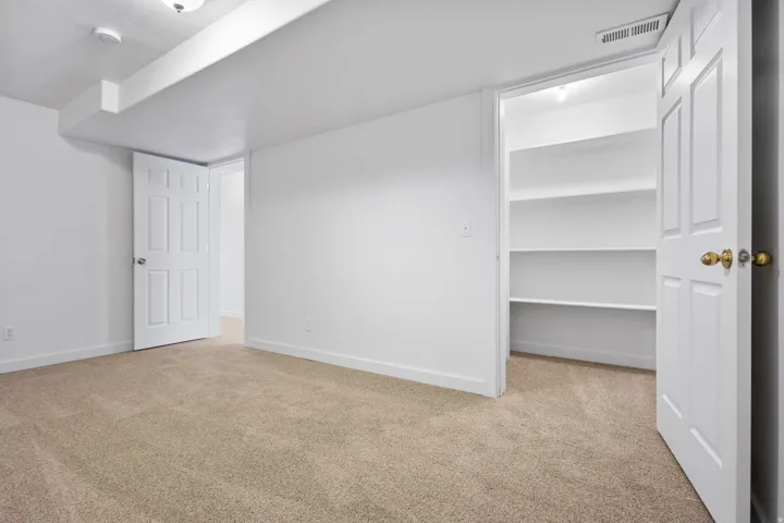 Room featuring wall-to-wall carpeting, white walls, built-in shelving, and white panel doors