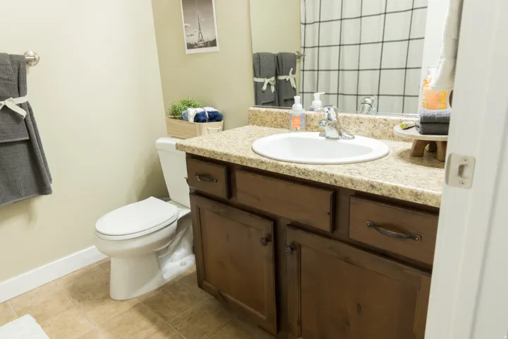 Vanity with an integrated sink, granite-patterned countertop, and wood-finish cabinetry