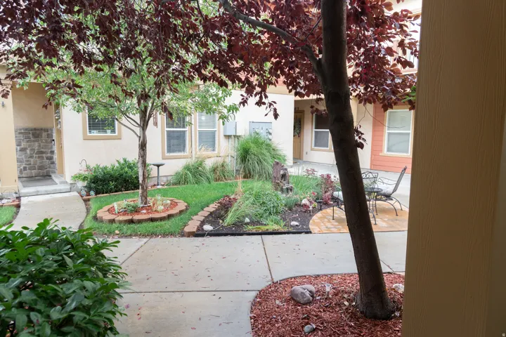 Courtyard entrance featuring a paved walkway, mature trees, landscaped garden beds, and a stone facade accent
