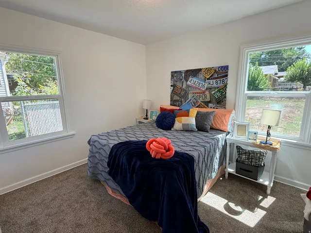 Neutral wall paint with carpeted flooring, complemented by two large windows with white trim