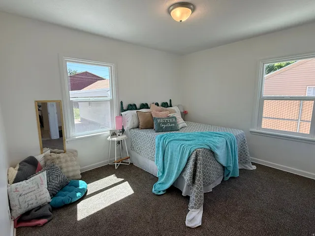 Neutral wall tones, dual windows with white trim, and a ceiling-mounted light fixture